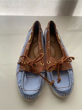 Coach Richelle Boat Shoes Canvas Nautical Blue Striped Tan Leather size 8.5